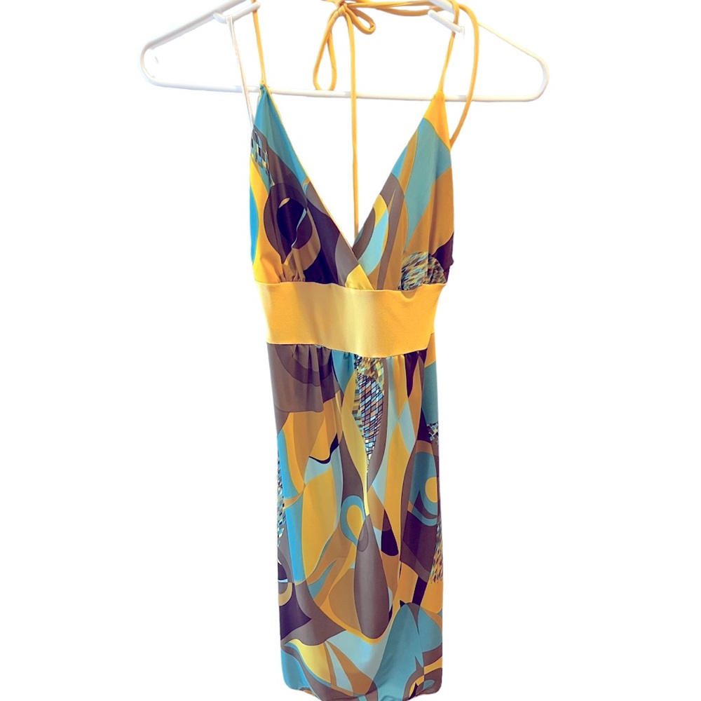 Yellow/Brown/Tan/Teal 1970’s Style Halter Mini Dress with Belt by C Russe-Size=S